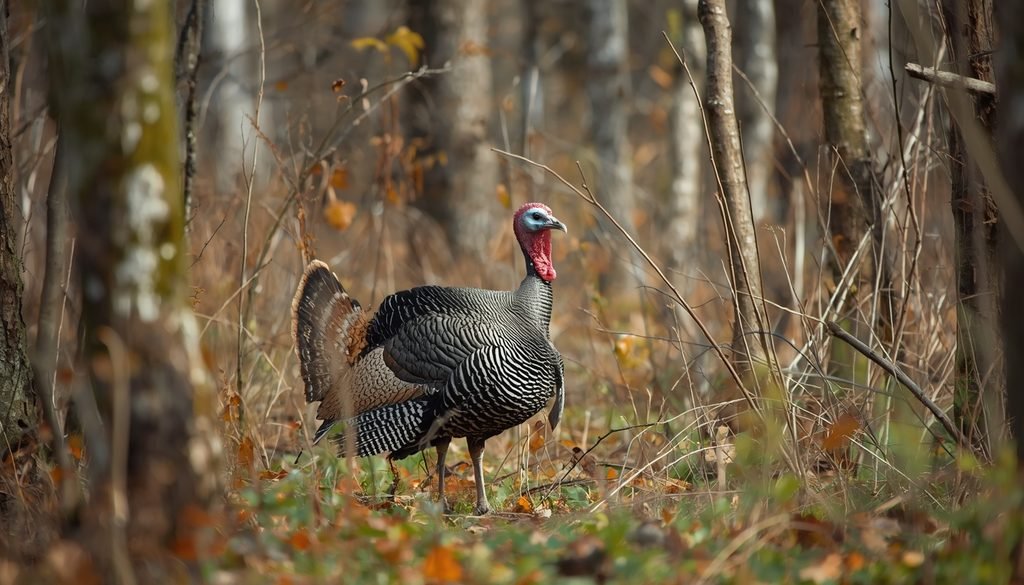 Wild turkey standing among trees and woodland vegetation