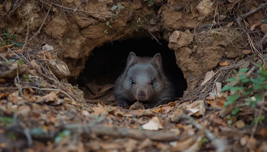 Wombat walking near a burrow in Australian woodland