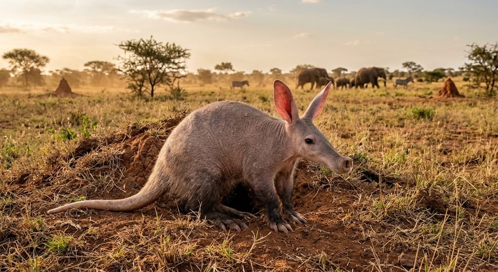 Aardvark with long upright ears and a long snout in an African habitat