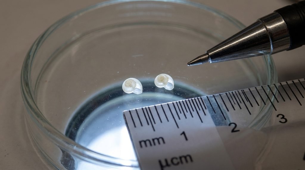 Minute Acmella nana shell shown beside a scale reference