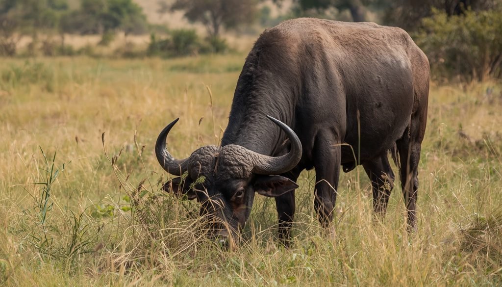 African buffalo grazing in a grassy savanna habitat
