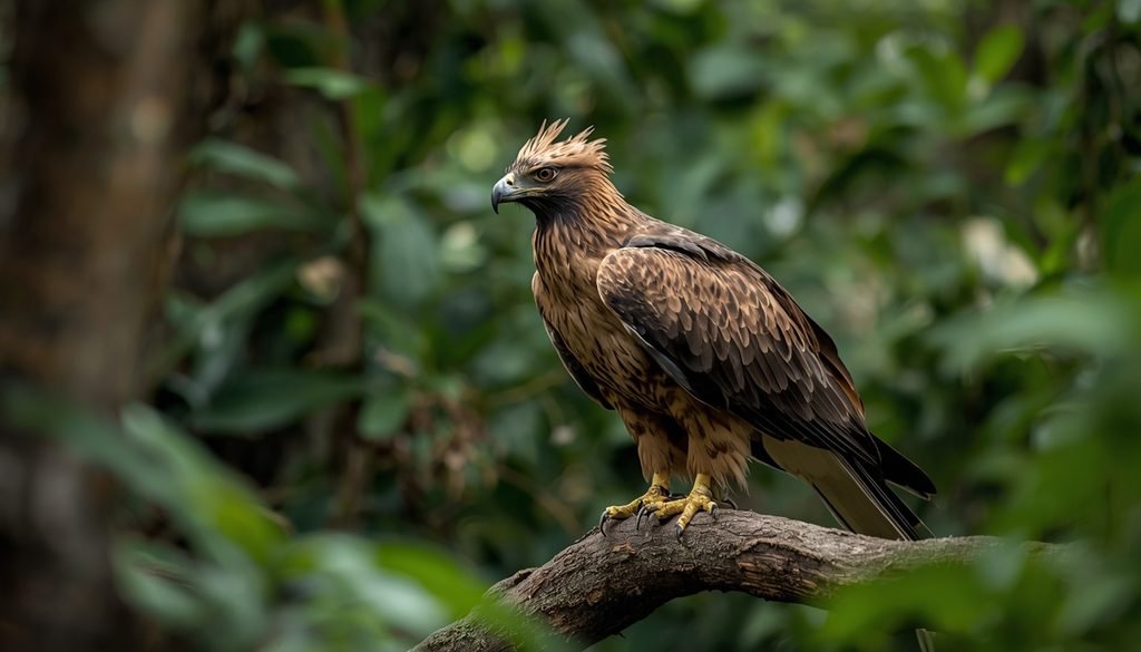 African crowned eagle in a forest habitat where it hunts mammals, including monkeys.