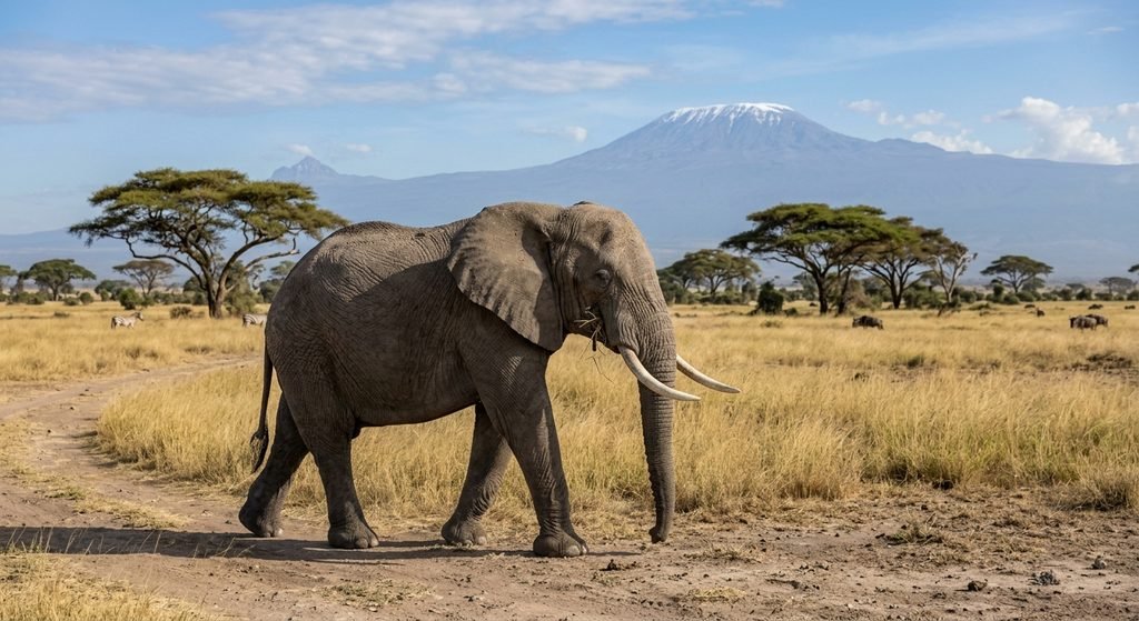 An African elephant walking across its natural habitat