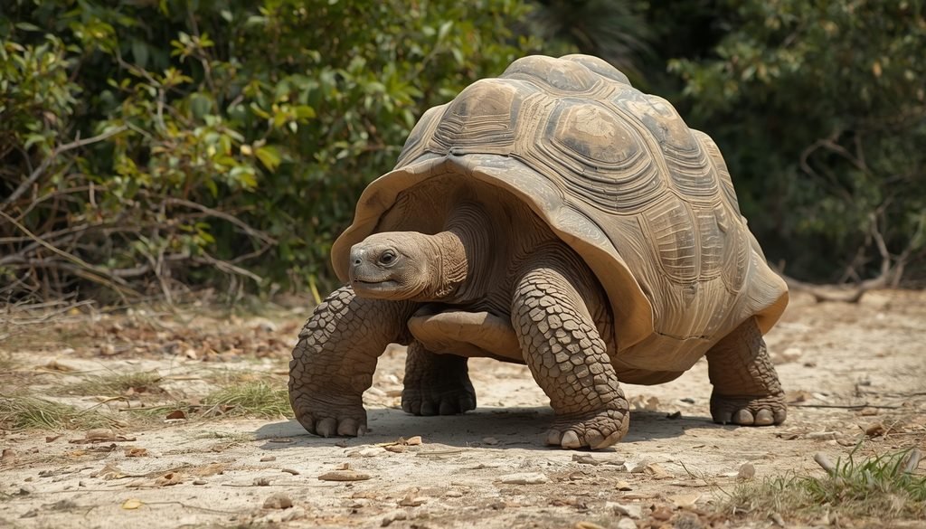 Aldabra giant tortoise walking through natural island habitat