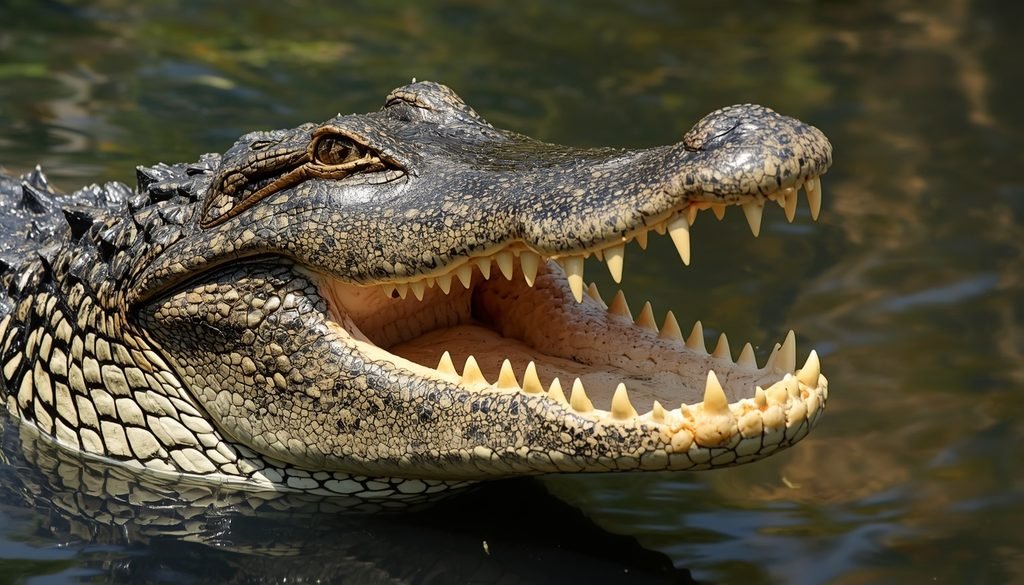 American alligator with its mouth open, showing rows of conical teeth.