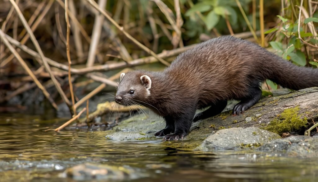 American mink near a stream in its natural wetland habitat.
