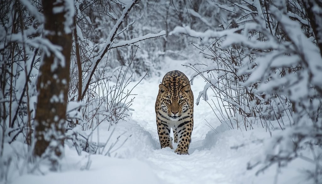 Amur leopard walking through a snowy forest