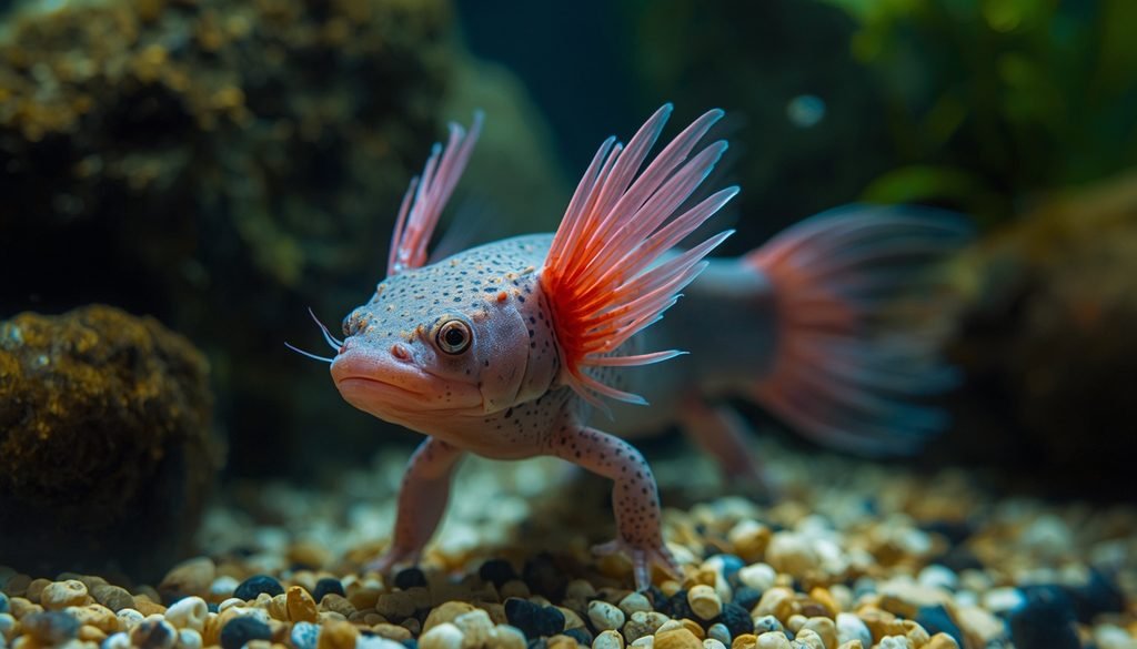 Axolotl with feathery external gills in a freshwater environment
