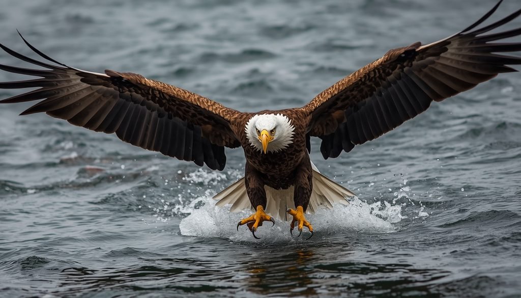 Bald eagle extending powerful hooked talons over water
