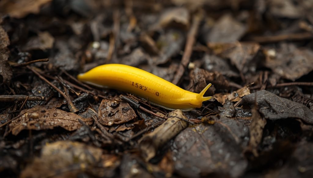 Yellow banana slug moving across moist forest ground covered with leaves