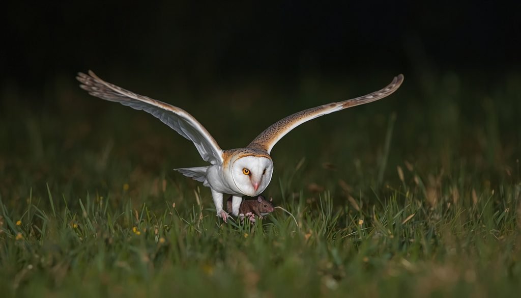 Barn owl hunting a mouse in a grassy field at night