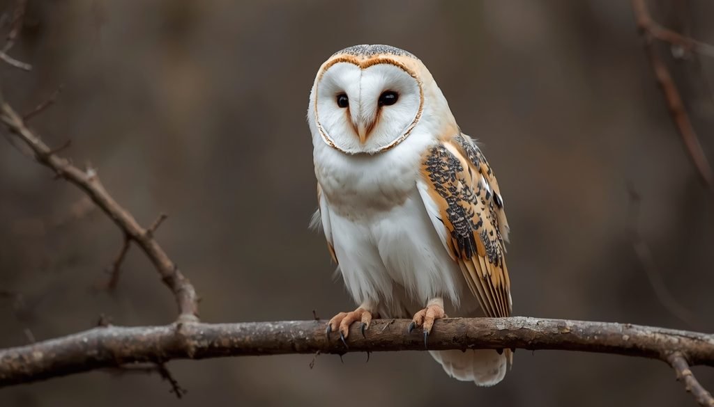 Barn owl perched on a branch with its distinctive heart-shaped facial disc
