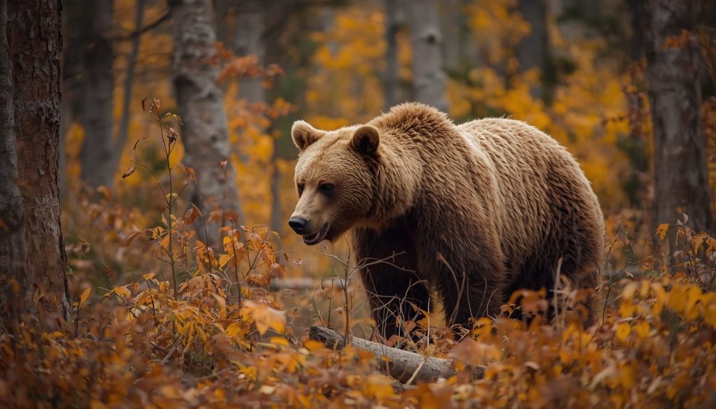 Brown bear feeding in an autumn forest
