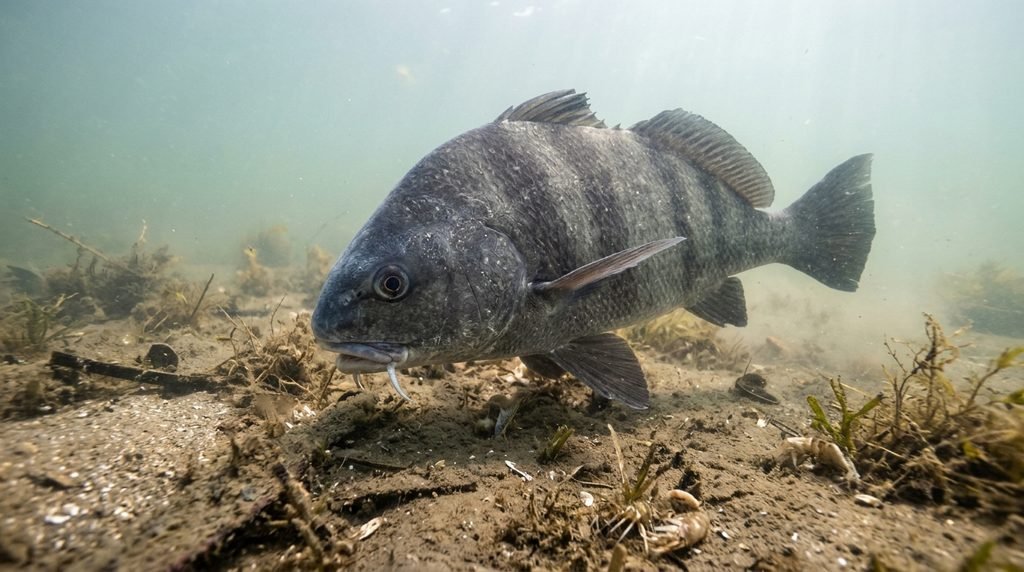 A black drum fish swimming near the seabed in coastal waters