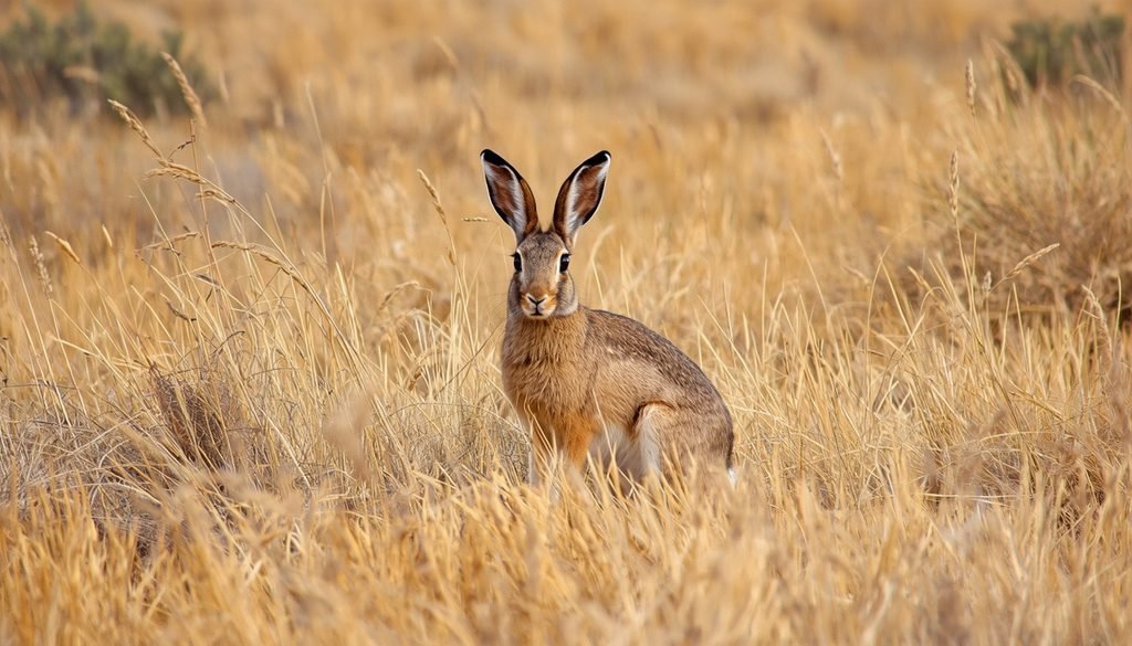Black-tailed jackrabbit with long upright ears in a dry grassland