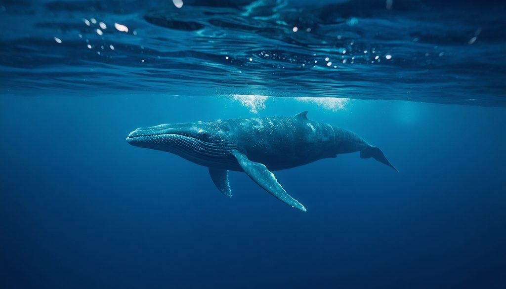 Blue whale swimming through deep blue ocean water.