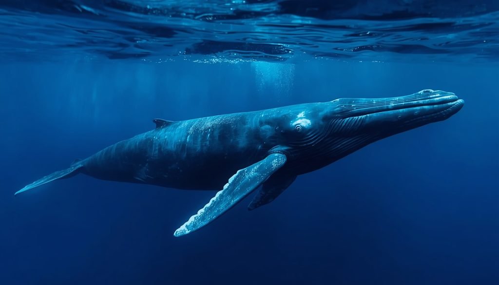 Blue whale swimming through deep ocean water