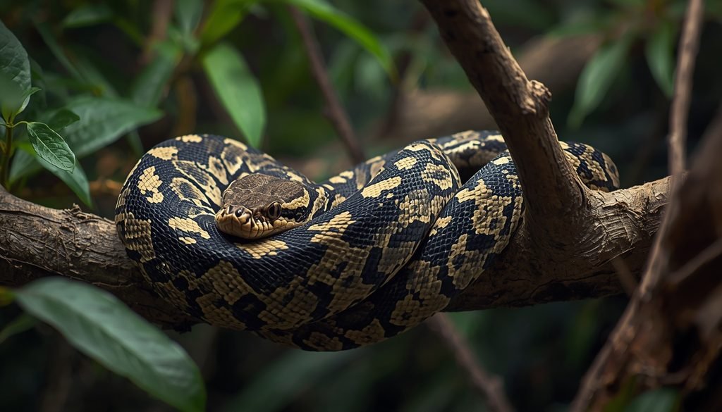 Boa constrictor resting among branches in its natural American habitat.
