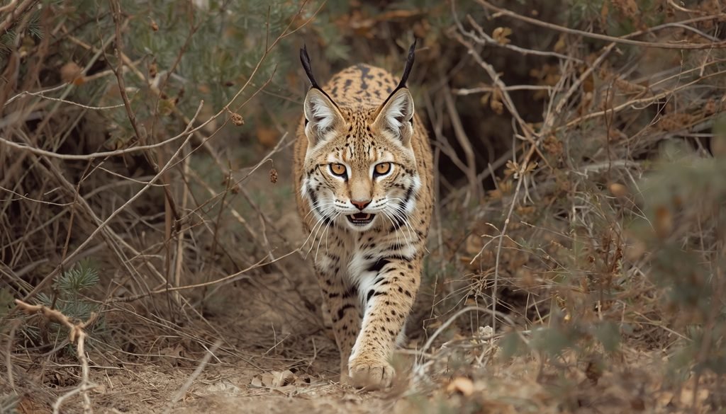 Bobcat moving through brush where rabbits may seek shelter.
