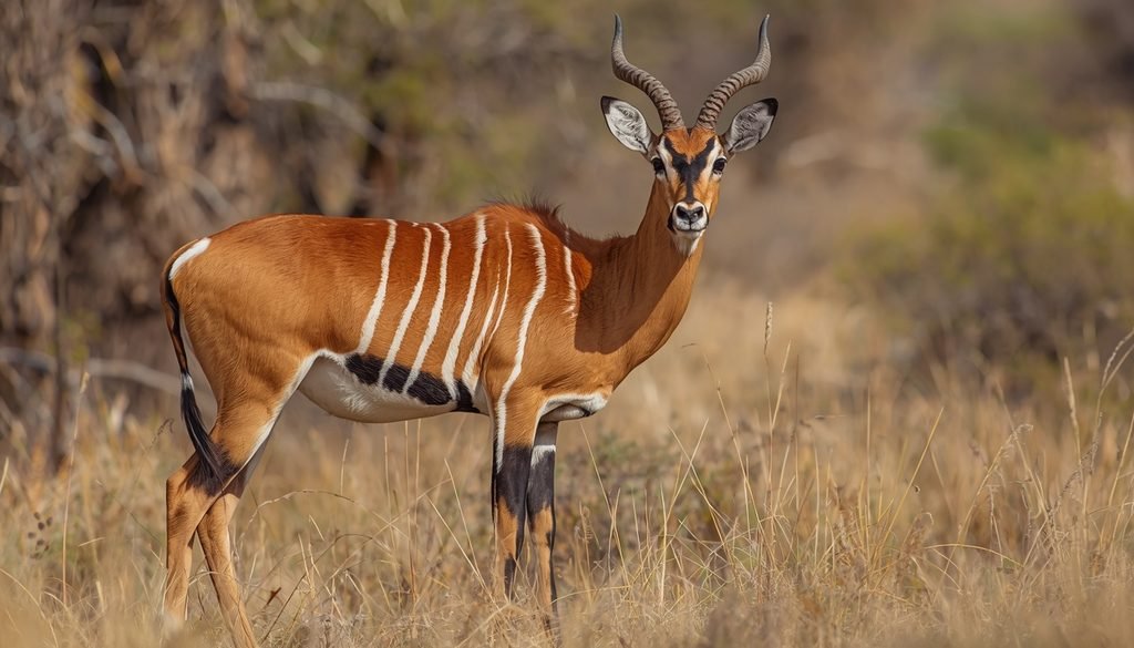 Bongo antelope displaying white vertical stripes across its reddish coat