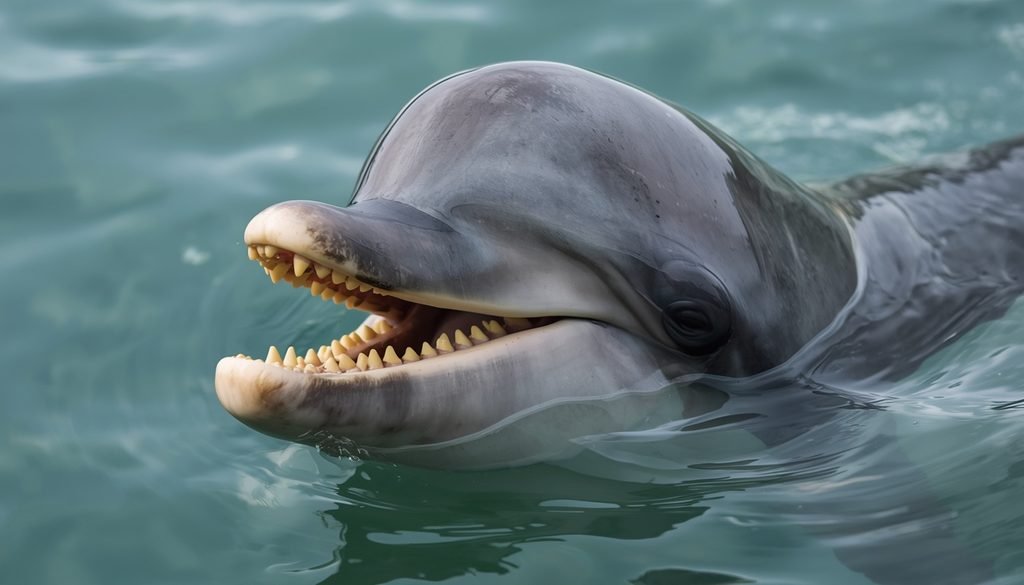 Bottlenose dolphin showing its rows of small conical teeth.