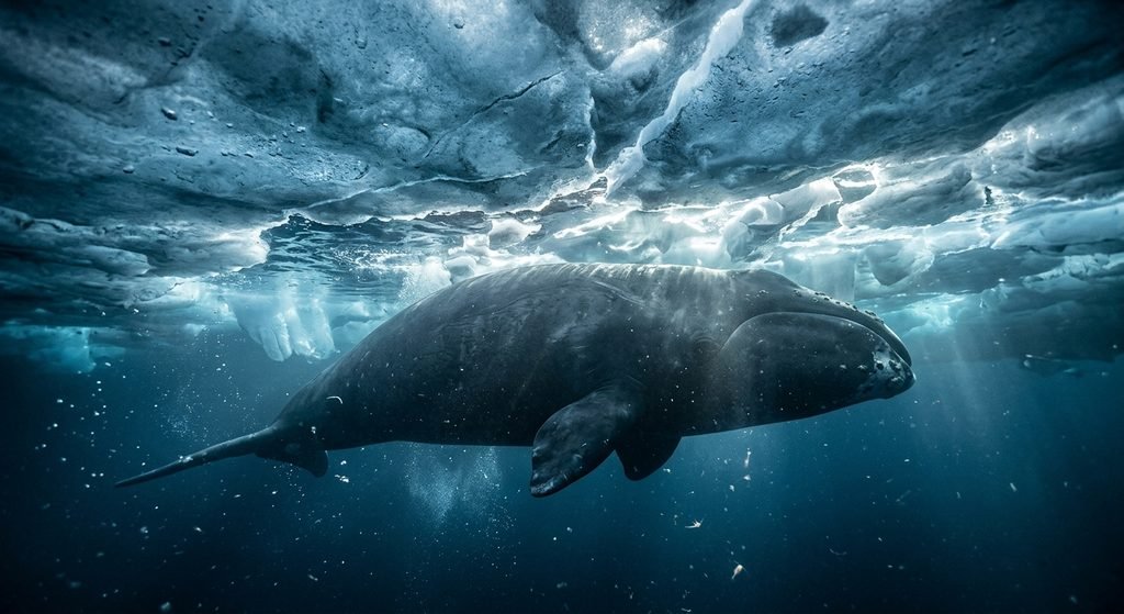 Bowhead whale swimming in Arctic waters beneath sea ice