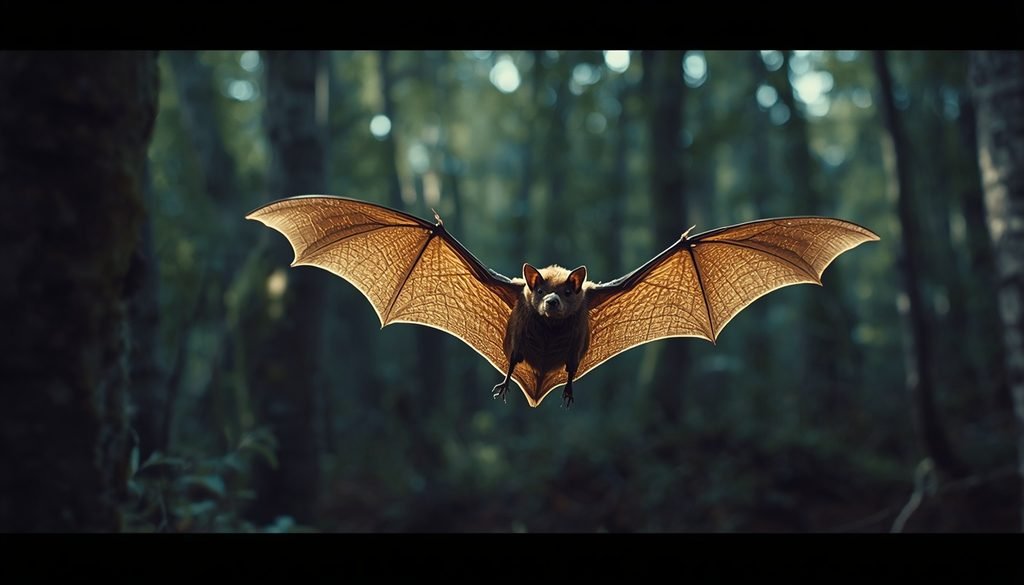 Brandt's myotis bat flying in a woodland habitat
