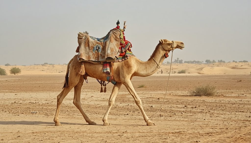 Dromedary camel walking across a dry desert landscape