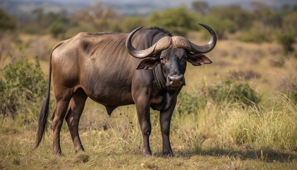 Cape buffalo with tough skin standing on African grassland