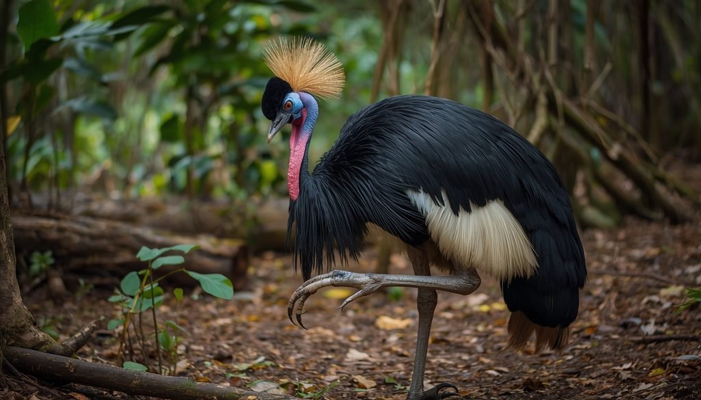 Cassowary showing its large inner toe claw in rainforest