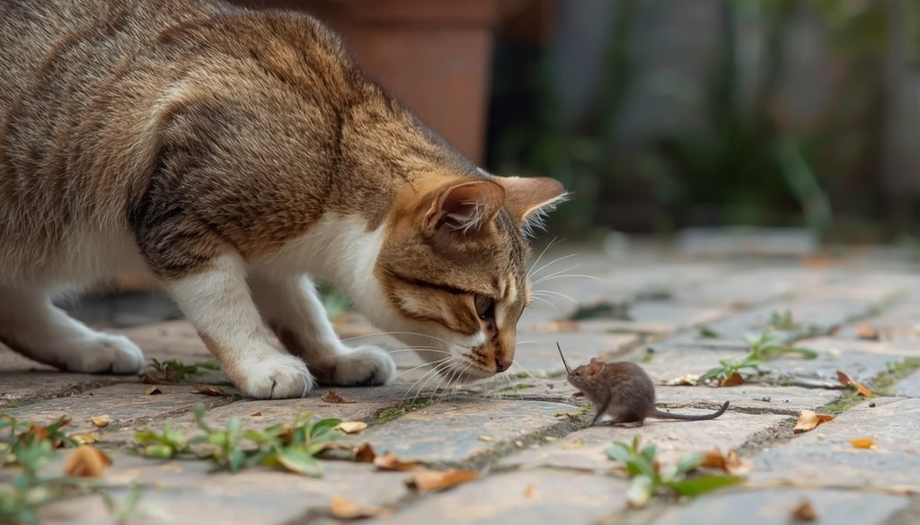 Domestic cat stalking a small mouse near a garden or building
