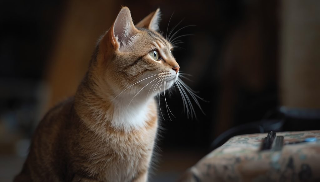 Cat sitting alert with its ears pointed toward a sound
