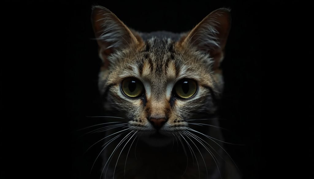 Domestic cat with wide pupils and eyes adapted for low-light hunting.