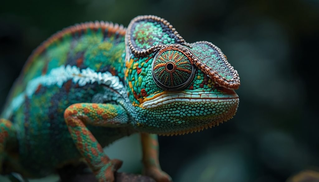 Veiled chameleon observing its surroundings with independently moving eyes.