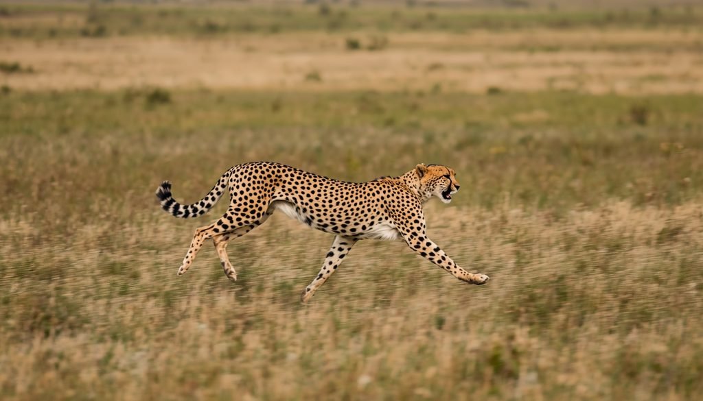 Cheetah running and changing direction across African grassland