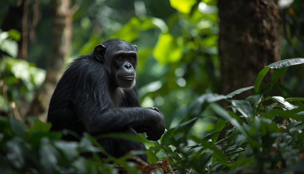 A chimpanzee sitting in a tropical forest