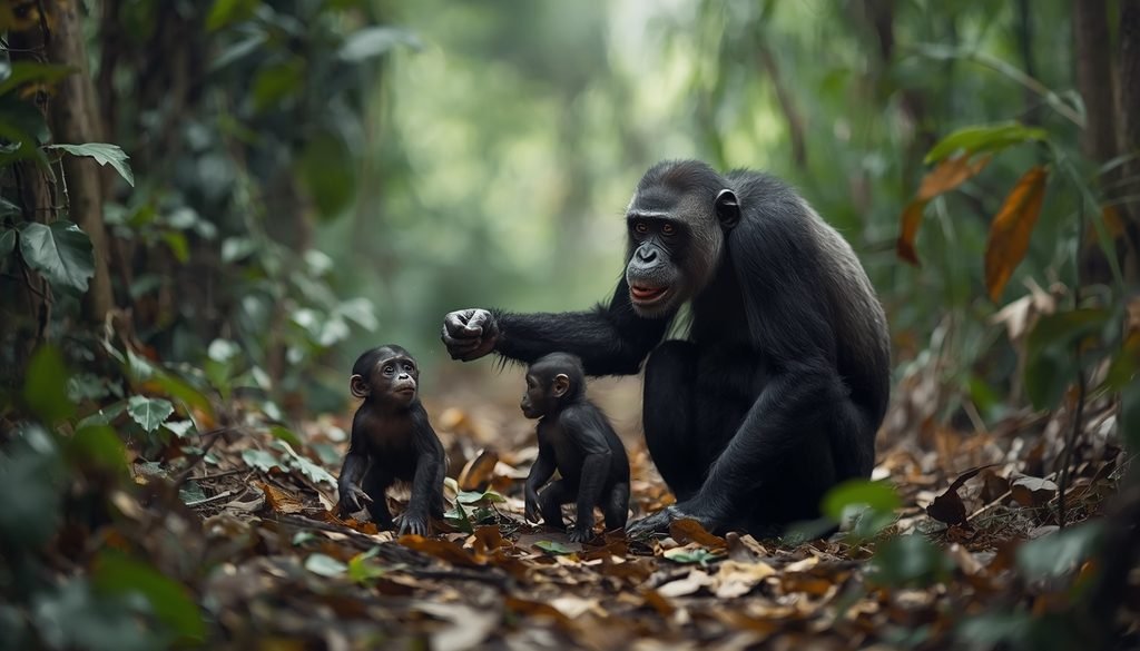 Chimpanzee in an African forest, illustrating the hunting of smaller primates by some populations.