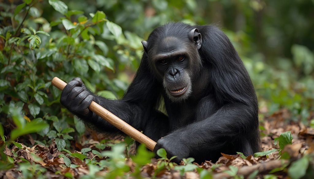 Chimpanzee using a tool to access food in a forest habitat