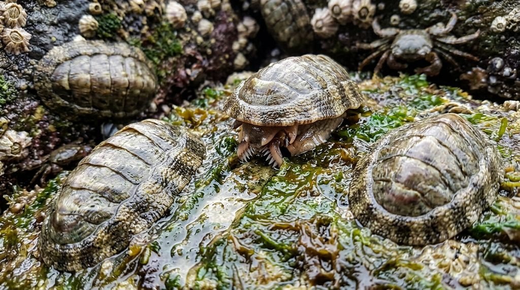 Chiton on a rocky shore, a mollusk that scrapes algae using radula teeth.