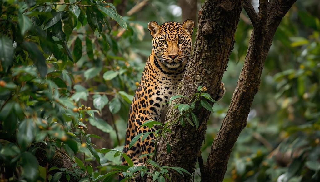 Clouded leopard climbing a tree in a Southeast Asian forest.