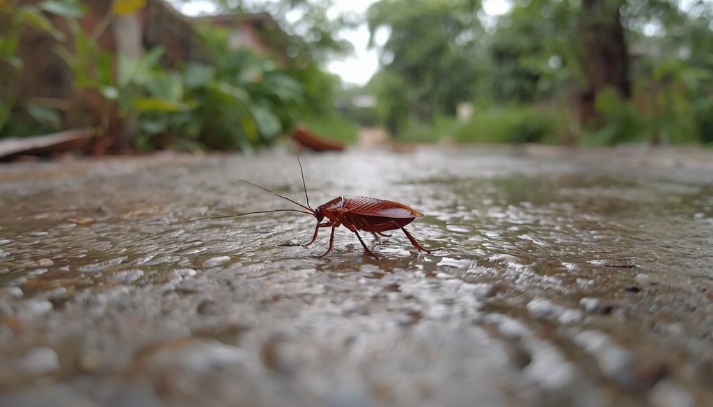 Cockroach moving across a damp outdoor surface
