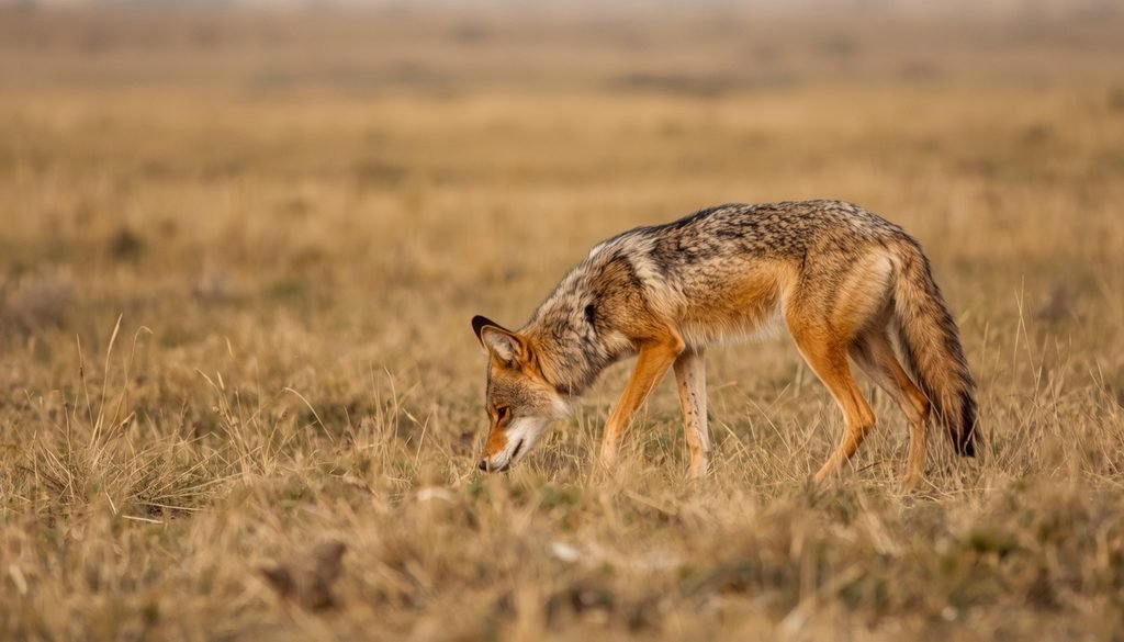Coyote searching for small rodents in an open field