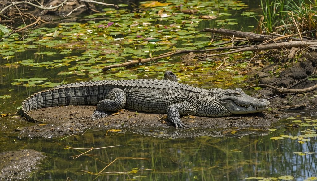 Crocodile resting near a wetland where reptiles and other animals live