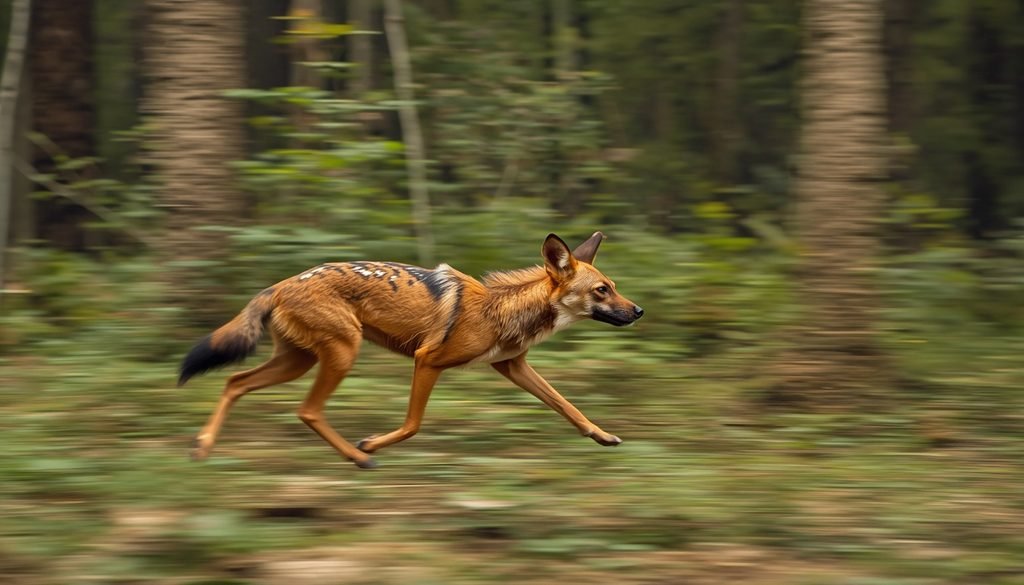 Dhole, or Asiatic wild dog, moving through a forest habitat.