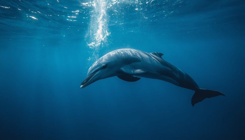 Dolphin swimming underwater while using sound to explore its surroundings