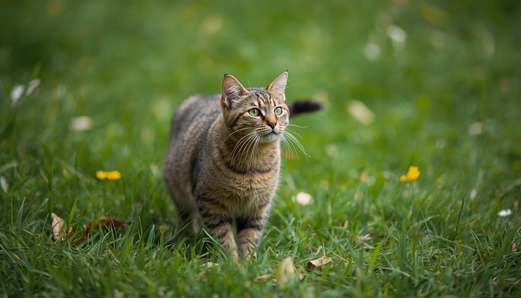 Domestic cat watching movement in a grassy garden.
