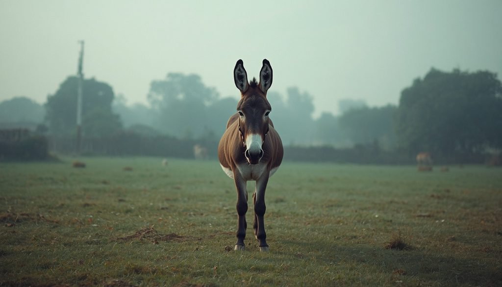 Donkey standing in a quiet rural pasture