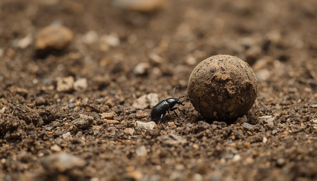 Dung beetle moving a ball of dung across soil