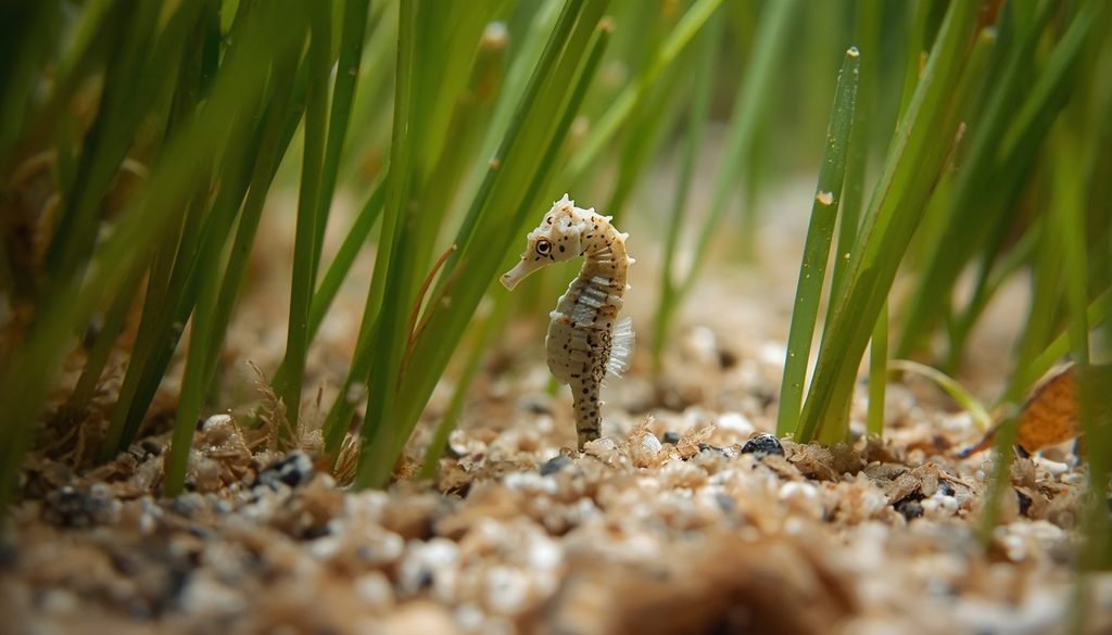 Tiny dwarf seahorse holding onto seagrass in a shallow marine habitat