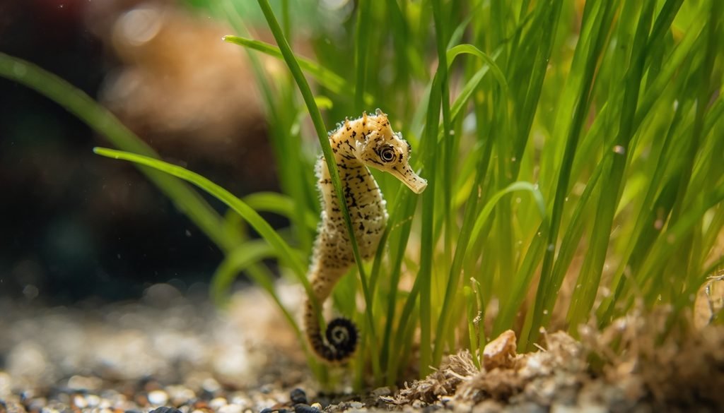 Tiny dwarf seahorse holding onto seagrass in shallow ocean water.